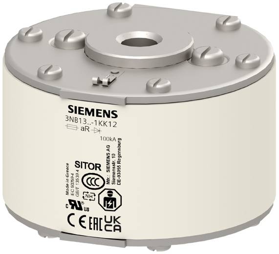 Zylinderförmige, metallische Sicherung von Siemens mit technischen Aufdrucken, zeigt Modellnummer und elektrische Spezifikationen.