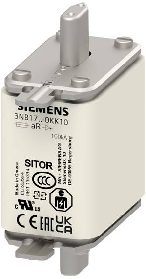 Ein Siemens-Sicherungseinsatz mit Produktkennzeichnung, Markenzeichen und technischen Spezifikationen auf dem Gehäuse.
