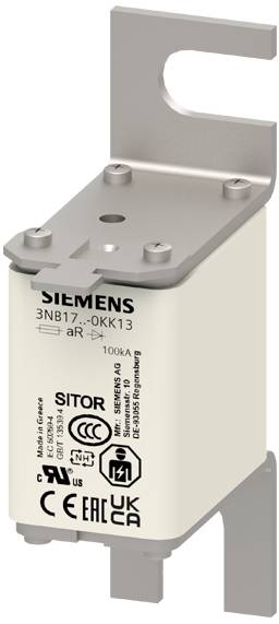 Elektrischer Siemens-Sicherungseinsatz, Modell 3NB17-0KK13, 100kA, mit Metallhalterung und diversen Zertifizierungslogos.