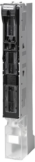 Ein leeres Siemens-Sicherungskasten-Gehäuse, vertikal, mit mehreren Fächern, hauptsächlich schwarz und grau.
