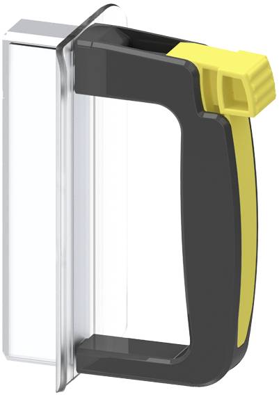 Türgriff mit gelbem und schwarzem Design, rechteckiger Form, an transparenter Platte befestigt.