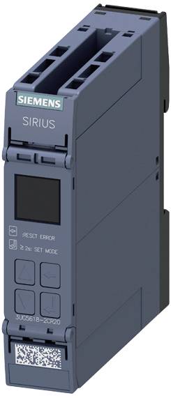 Ein Siemens SIRIUS Schaltgerät in schmalem, rechteckigem Design mit digitalem Display und Bedienelementen auf der Vorderseite.