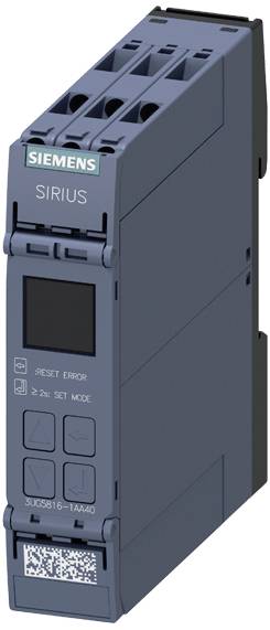 Industriegerät von Siemens, Modell Sirius. Blaue Abdeckung, Knöpfe für 'Reset' und 'Mode', LED-Anzeigen. Verwendet in elektrischen Systemen.