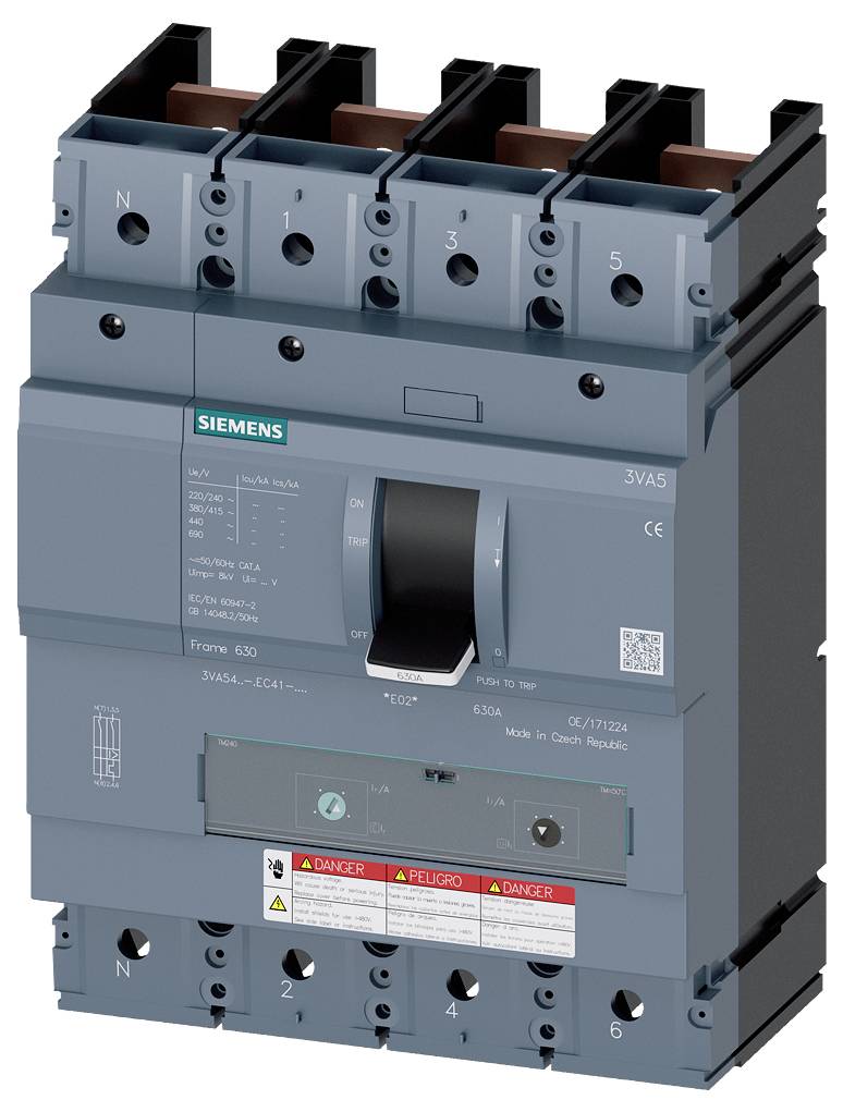 Ein blauer Leistungsschalter mit Hebel in der Mitte und mehreren Anschlussklemmen oben. Gebrauch für industrielle Elektroinstallationen.