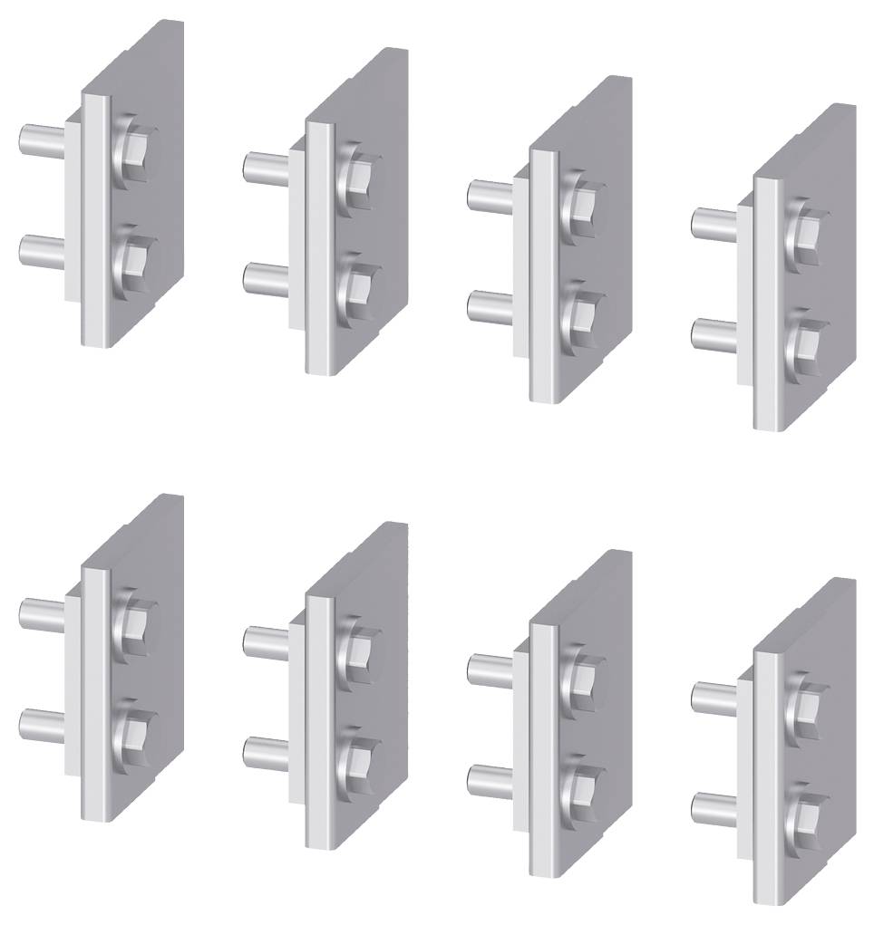 Acht identische silberne Bauteile mit je zwei Bolzen und zwei Kontermuttern, symmetrisch in zwei Reihen angeordnet.