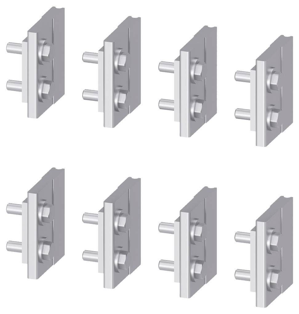 Acht gleiche graue Aluminium-Bauteile, vertikal in zwei Reihen angeordnet. Jedes Bauteil hat zylinderförmige Vorsprünge.