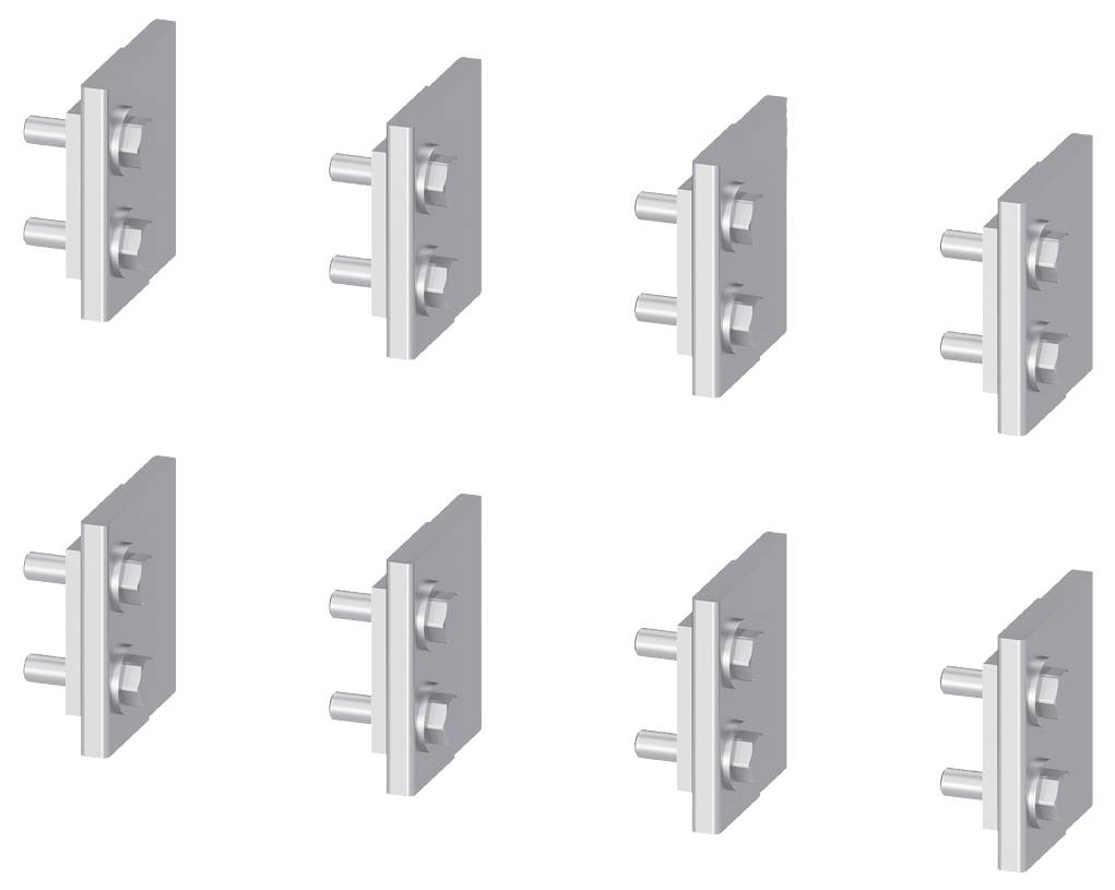 Acht identische Winkelansichten eines technischen Bauteils mit Bolzen und Muttern, symmetrisch angeordnet in zwei Reihen.