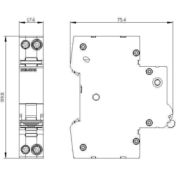 Technische Zeichnung eines elektrischen Bauteils, Abmessungen 17.6 mm Breite, 89.8 mm Höhe, 75.4 mm Länge. Schraubanschluss oben.