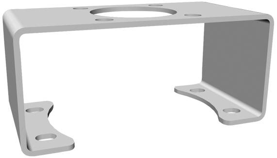 Metallhalterung in U-Form mit runden Befestigungslöchern an den Seiten, zeigt eine Öffnung oben zur Befestigung weiterer Komponenten.