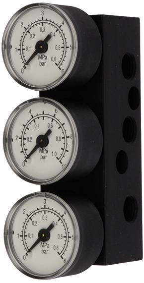 Drei kreisförmige Manometer in Schwarz und Weiß messen Druck in MPa und Bar, aufgereiht in vertikaler Anordnung an einem schwarzen Block.