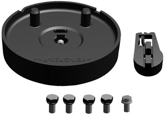 Rundscheibe mit mehreren Schrauben und einem separaten Bauteil. Die Teile scheinen für eine mechanische oder technische Montage vorgesehen zu sein.