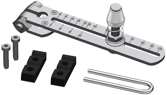 Kleinteile-Set bestehend aus einer Skala und Markierungen, Schrauben, schwarzen Kunststoffteilen und einem gebogenen Drahtstück.