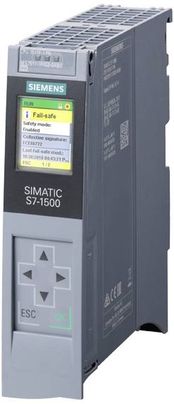 SIMATIC S7-1500 Steuerungseinheit von Siemens, graues Gehäuse, Display zeigt Sicherheitsmodus-Informationen.
