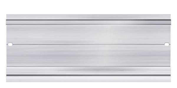 Metallschiene mit zwei Bohrlöchern an den Seiten, vermutlich zum Anbringen oder Befestigen von anderen Objekten. Glatte, glänzende Oberfläche.