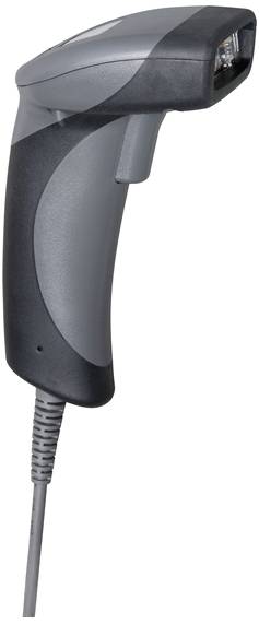 Ein tragbarer Barcode-Scanner mit grauem Griff und schwarzem Kopf, verbunden mit einem Kabel zur Datenübertragung.