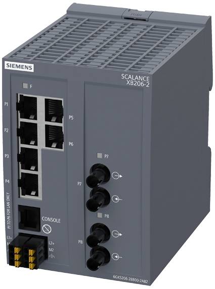 Industrieller Netzwerk-Switch mit mehreren Ethernet- und Glasfaseranschlüssen, geeignet für industrielle Automatisierungsanwendungen.