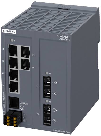 Industrieswitch 'SIEMENS SCALANCE XB206-2' mit mehreren Ethernet-Ports, zwei optischen Anschlüssen und Konsolenanschluss.