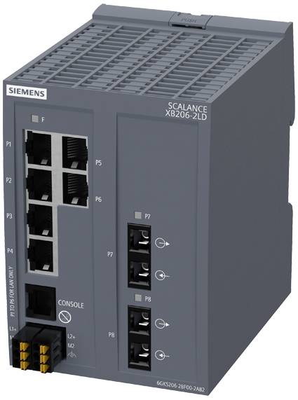 Ein grauer Siemens-Netzwerkswitch mit mehreren Ethernet-Anschlüssen und einer Konsolenverbindung, Modell SCALANCE XB206-2LD.