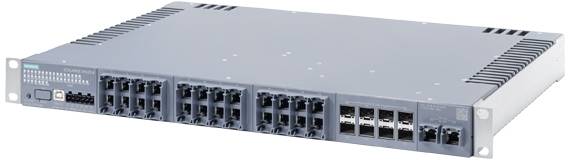 Ein grauer Netzwerk-Switch mit mehreren Ethernet-Ports, geeignet für den Einsatz in industriellen Netzwerken zur Datenverteilung.