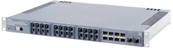 Ein Netzwerkgerät mit mehreren Ethernet-Ports für Datenverbindungen. Es hat ein robustes Metallgehäuse und eine kompakte Bauweise.