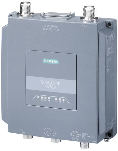 Industrieller Siemens SCALANCE W700 Zugangspunktgerät mit mehreren Ethernet-Anschlüssen, geeignet für drahtlose Netzwerkverbindungen.