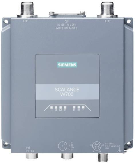 Industrieller Netzwerkschalter von Siemens, Modell Scalance W700, mit vier Anschlüssen und Betriebsanzeigeleuchten auf grauem Gehäuse.