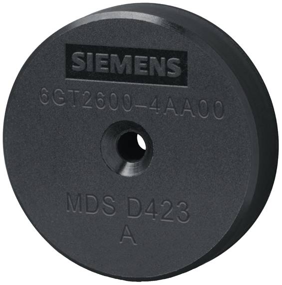Runde, schwarze elektronische Komponente mit Aufschrift 'SIEMENS 6GT2600-4AA00 MDS D423 A', vermutlich RFID-Tag oder -Transponder.