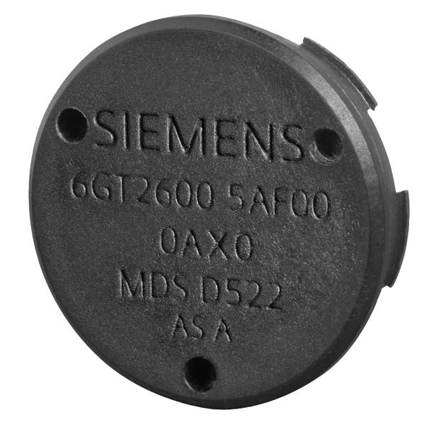 'Siemens 6GT2600 5AF00 0AX0 MDS D522' auf schwarzem, runden RFID-Transponder abgebildet, dient zur kontaktlosen Datenübertragung.