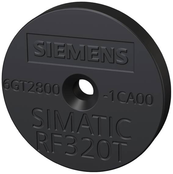 Schwarze, runde RFID-Karte mit Aufschrift 'SIEMENS SIMATIC RF320T' und Produktnummer '6GT2800-1CA00'.