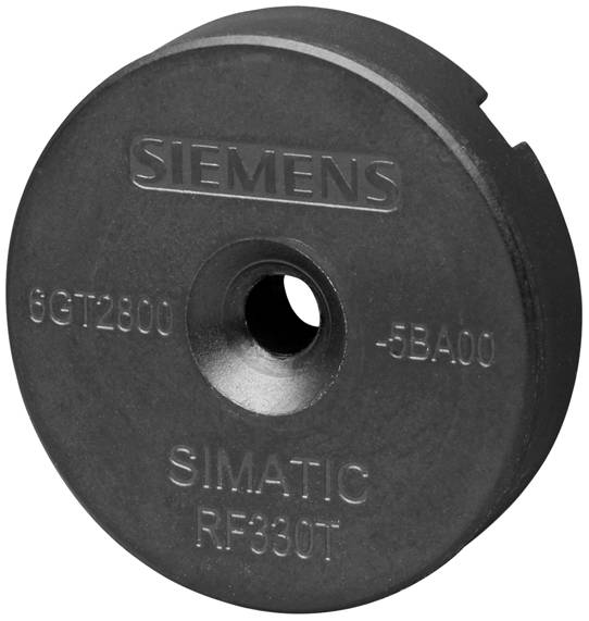 Vorderansicht eines runden, schwarzen Siemens SIMATIC RF380T Objekts mit zentralem Loch, Seriennummer und Modellnummer.