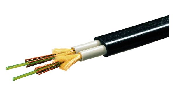 Ein Querschnitt eines Glasfaserkabels zeigt mehrere dünne Glasfaserstränge umgeben von einer schwarzen Schutzummantelung.