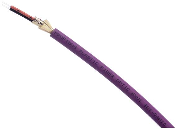 Lila Kabel mit Beschriftung 'PROFIBUS PLASTIC FIBER OPTIC EXUL 6X1-0AH10'. Kabel zeigt eine abgeschirmte Glasfaserleitung mit Anschlüssen.
