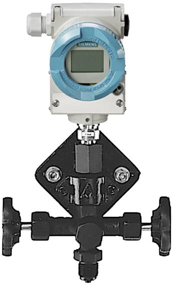 Elektronischer Druckmessumformer von Siemens mit Anzeige und Ventilblock, hauptsächlich zur Messung von Flüssigkeits- oder Gasdruck.