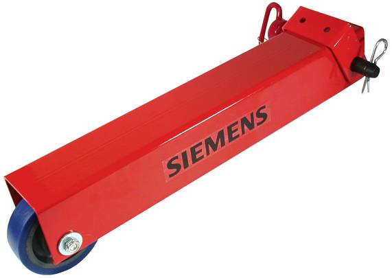 Roter Transportwagen mit Siemens-Logo, ausgestattet mit einem blauen Rad und Haltegriff, verwendet für Lastentransport.