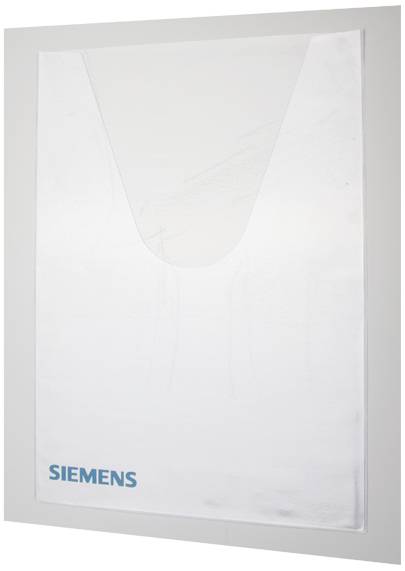 Ein weißer Umschlaghalter aus Kunststoff mit einem transparenten Einsteckfach, unten rechts das Siemens-Logo in blauer Schrift.