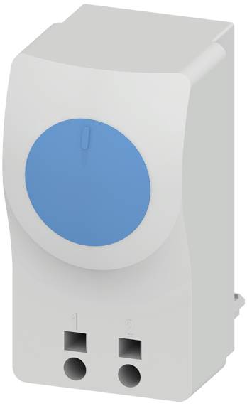 Ein kleiner, rechteckiger elektrischer Schalter mit einem großen blauen Knopf auf weißem Gehäuse. Unter dem Knopf befinden sich die Zahlen '1' und '2'.