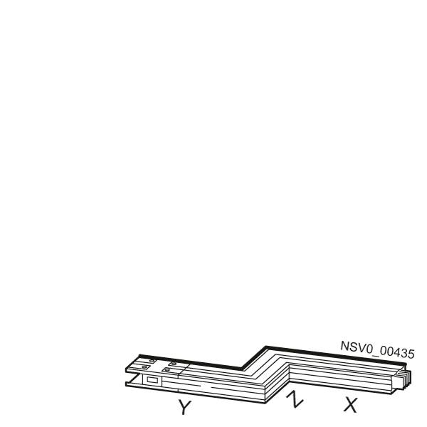 Eine L-förmige Metallstange mit Endanschlüssen, markiert mit 'Y', 'Z', 'X' und 'NSVO_00435', liegt in einer diagonal gestellten Ansicht.