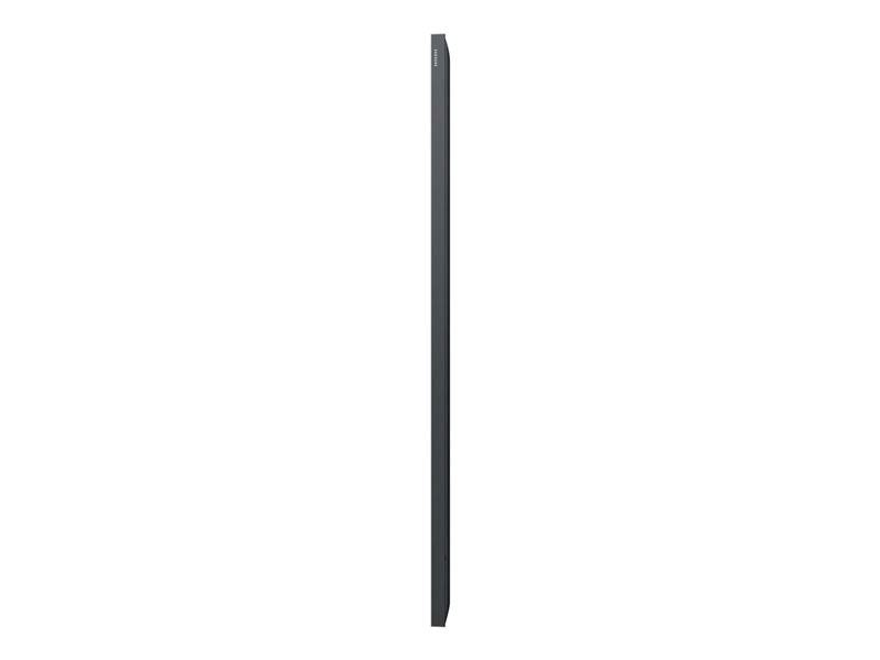 Seitenansicht eines sehr dünnen, schwarzen Fernsehers auf weißem Hintergrund.