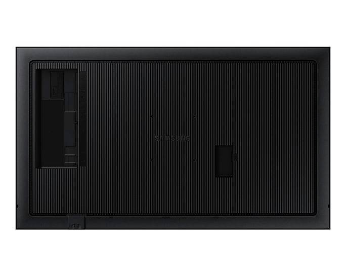 Die Rückseite eines schwarzen Fernsehgeräts, meist rechteckig mit Lüftungsschlitzen. Oben links befinden sich Anschlüsse.