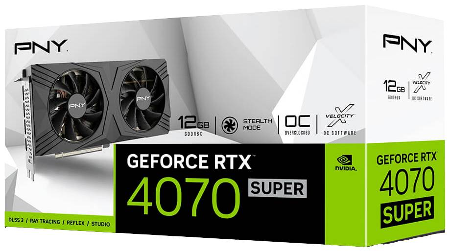 PNY Grafikkarte Nvidia GeForce RTX 4070 Super LED OC 12 GB GDDR6X-RAM PCIe x16 HDMI®, DisplayPort NVIDIA G-Sync, Übertaktet / Overclocked