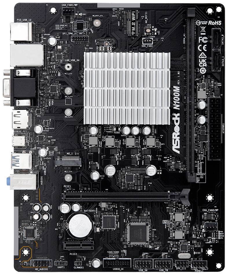 Schwarzes Computer-Mainboard mit verschiedenen Anschlüssen und Komponenten, mittig großer Kühlkörper, rechte Seite mit ASRock-Logo.