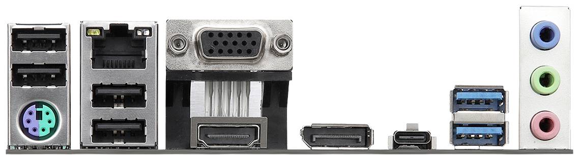 Rückseite eines Computer-Mainboards mit verschiedenen Anschlüssen: USB, Ethernet, VGA, HDMI, Audio.