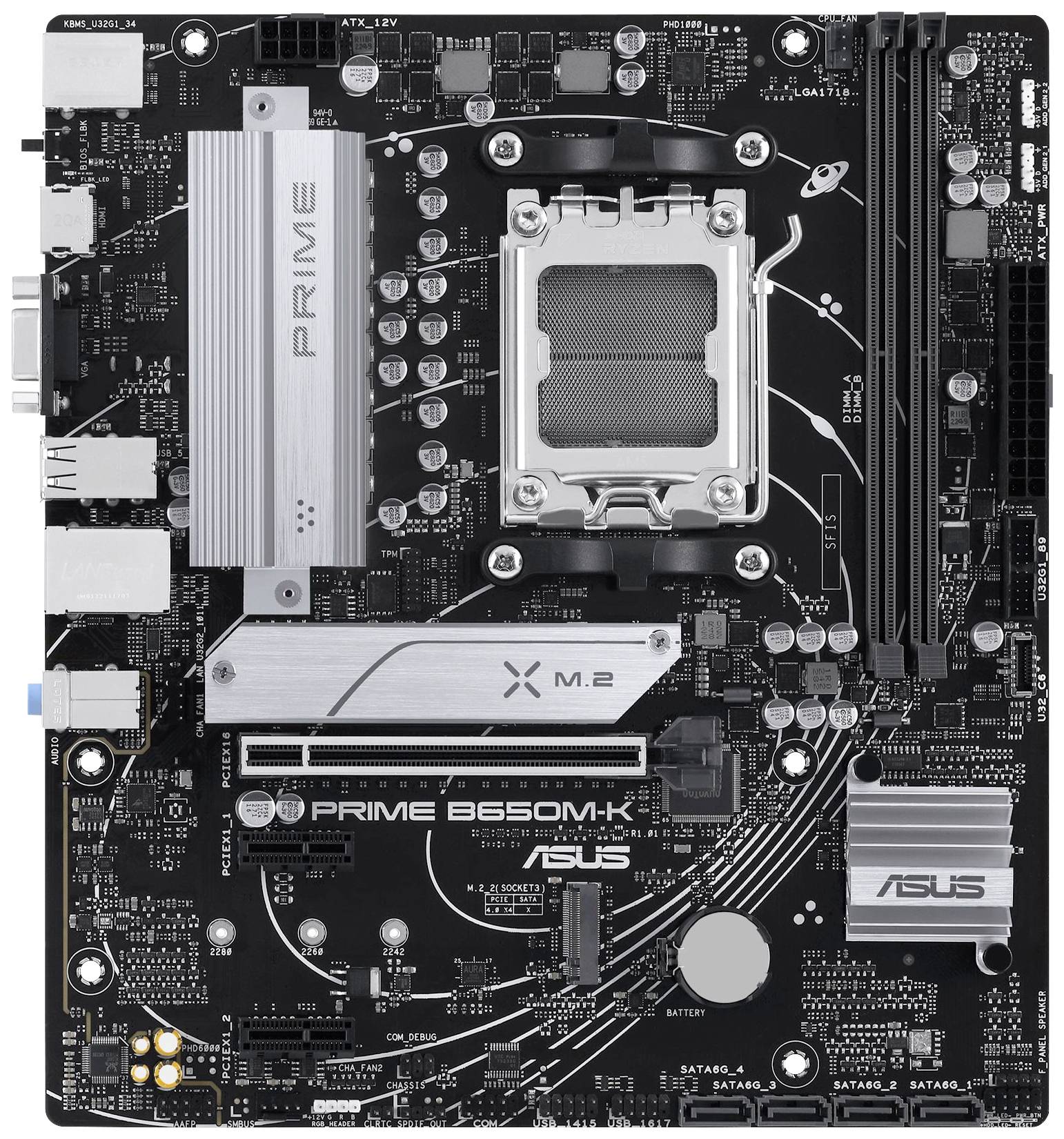 Eine Computer-Mainboard-Platine mit der Bezeichnung 'PRIME B650M-K' von ASUS, zeigt diverse Steckplätze und Anschlüsse für Komponenten.