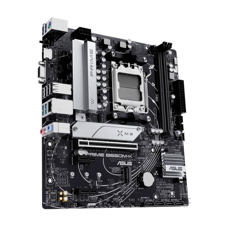 Eine Computer-Mainboard von ASUS, Modell 'PRIME B550M-K', mit mehreren Anschlussmöglichkeiten und einem zentralen CPU-Sockel.