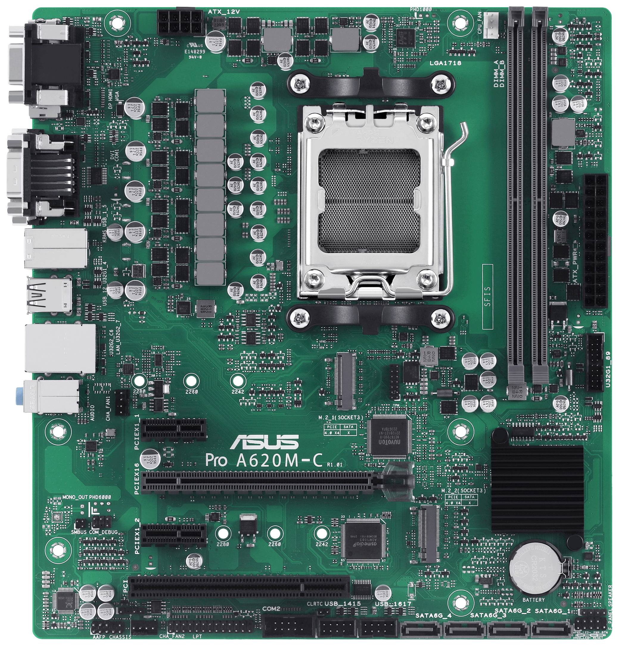 Eine grüne Computer-Mainboard-Platine mit verschiedenen Steckplätzen und Anschlüssen, markiert als 'ASUS Pro A620M-C'.