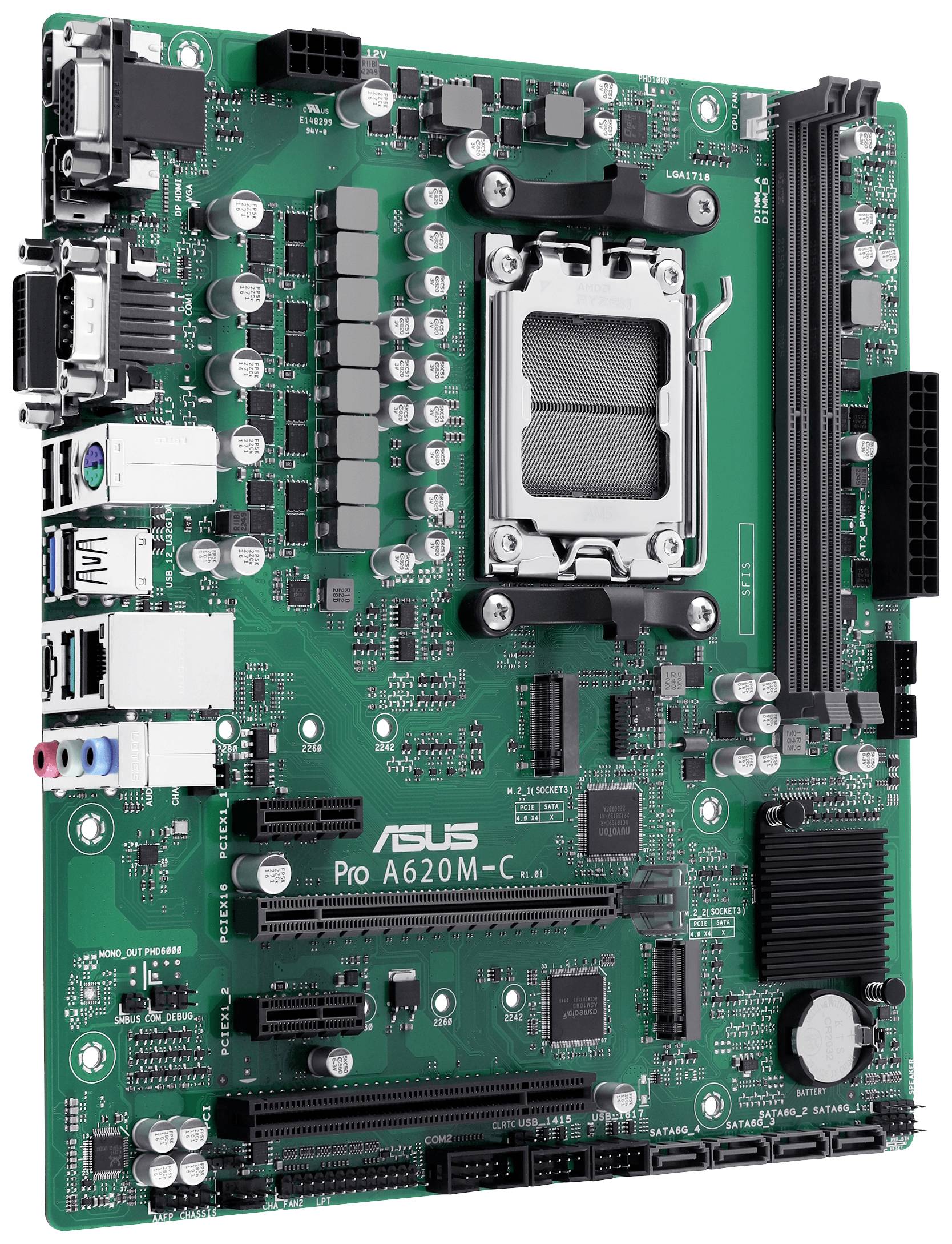 Grüne Hauptplatine mit mehreren Steckplätzen für Prozessor, RAM und Anschlüssen für Peripheriegeräte. Modell 'Pro A620M-C'.