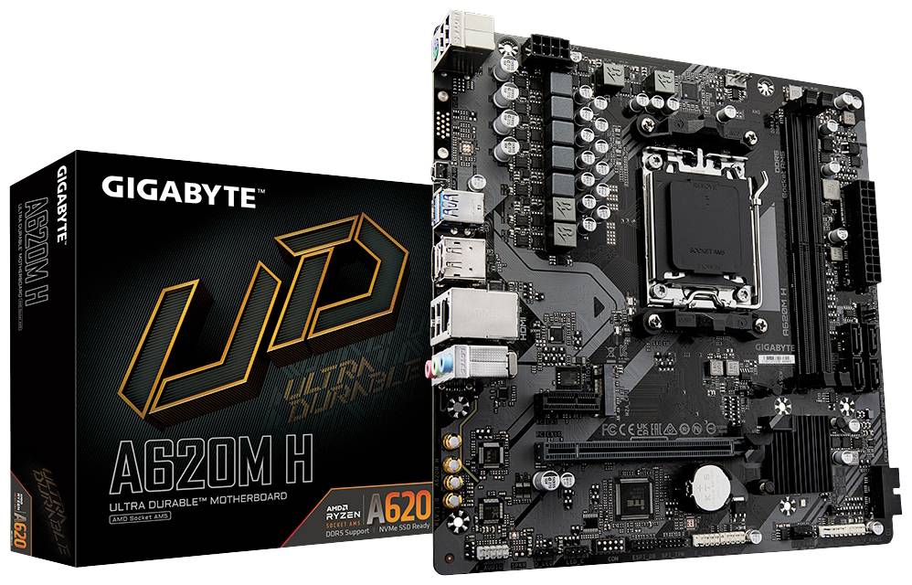 Mainboard 'Gigabyte A620M H' mit Verpackung. Produkt ist ein Ultra Durable Motherboard für Ryzen-Prozessoren, geeignet für PCs.