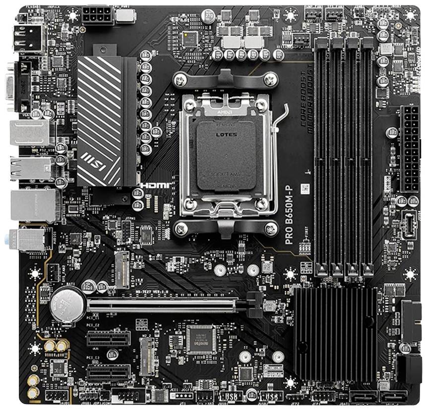 Hauptplatine mit Prozessor-Sockel, RAM-Steckplätzen, mehreren Anschlüssen und einem großem Kühlkörper. Modellname: 'PRO B560M-P'.