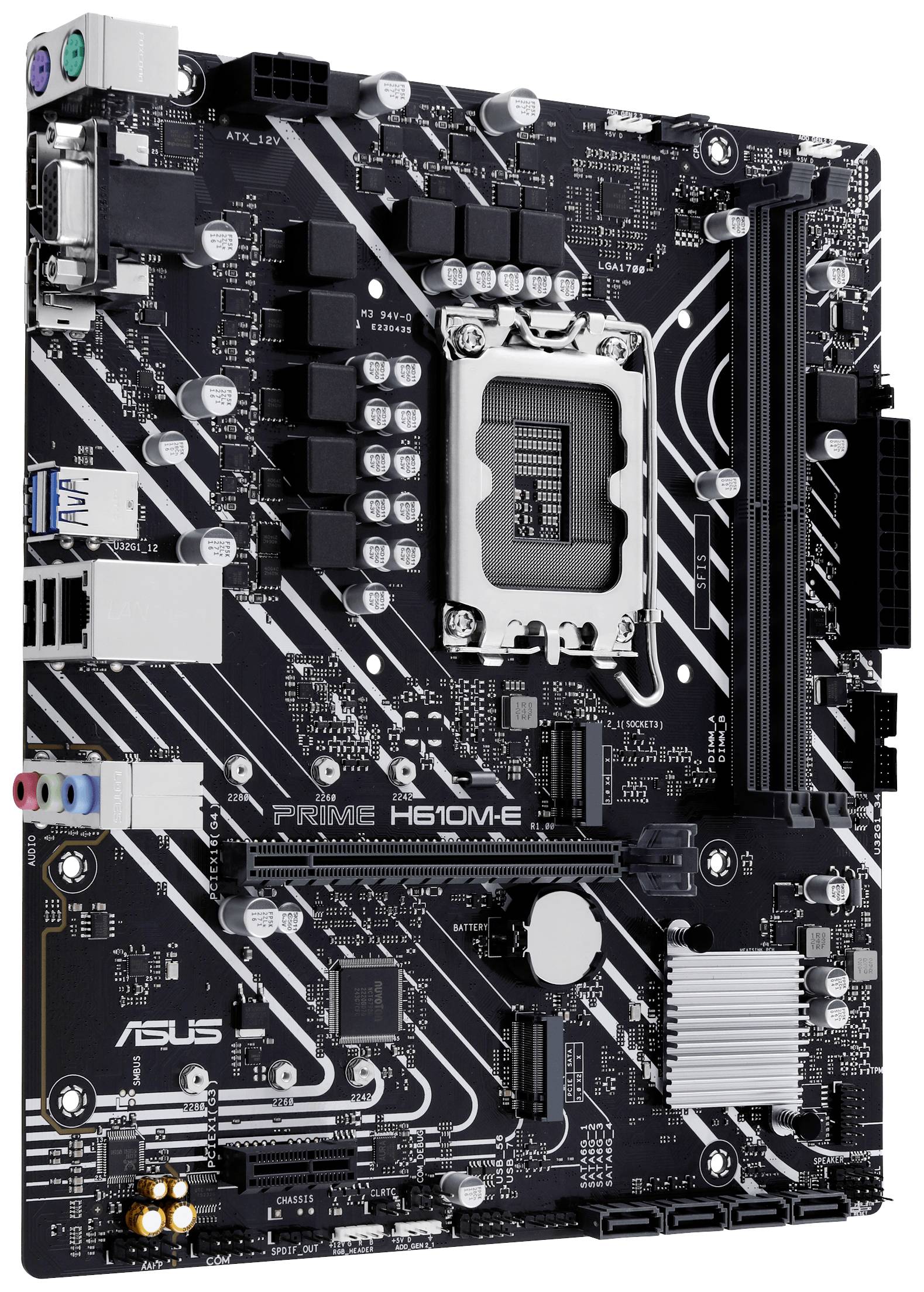 'ASUS-Motherboard Modell H610M-E' mit einem schwarzen PCB, mehreren Anschlüssen und Steckplätzen für CPU, RAM und Erweiterungskarten.