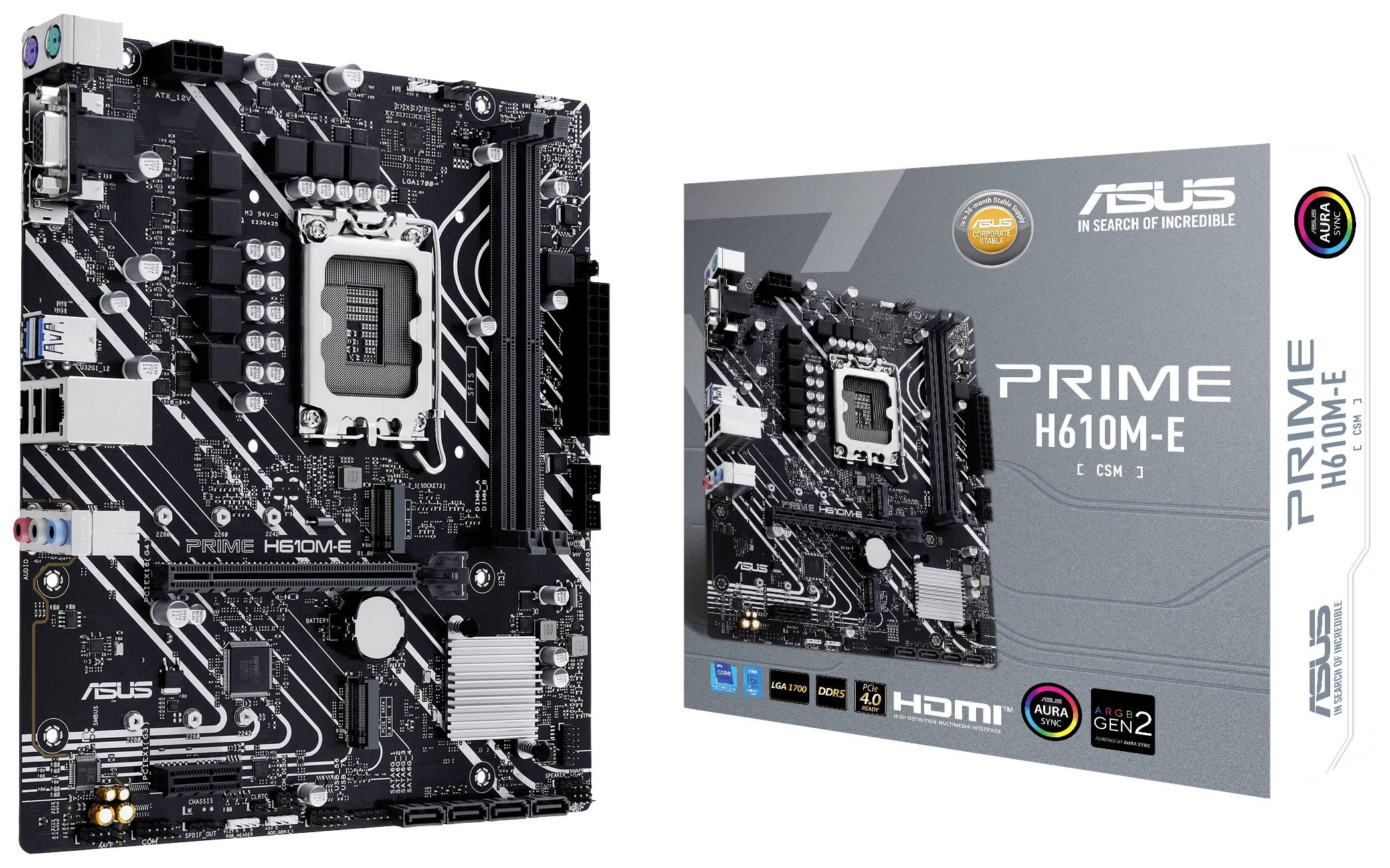 Motherboard ASUS Prime H610M-E, links die Platine mit verschiedenen Steckplätzen und Anschlüssen, rechts die Verpackung.